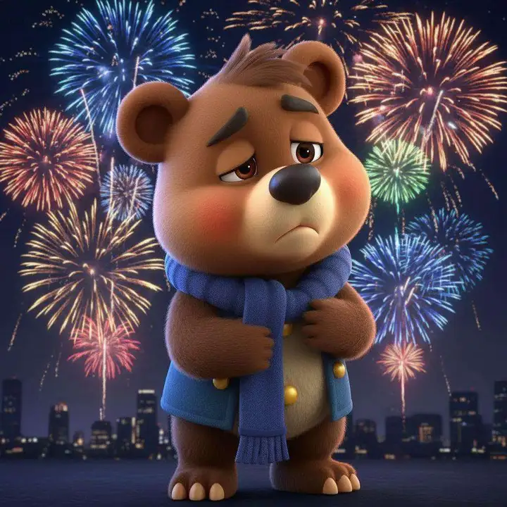 El oso se despide con gesto triste mientras los fuegos artificiales estallan sobre los tejados de la ciudad