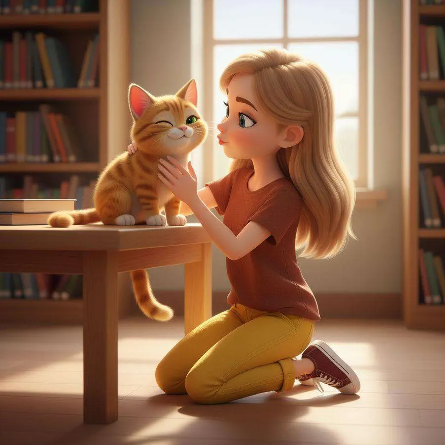Una niña arrodillada acaricia a un gato atigrado naranja subido a una mesa de madera, junto a una ventana
