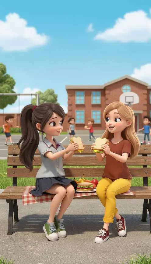 Dos niñas comparten un bocadillo sentadas en un banco del patio, con el edificio del colegio al fondo