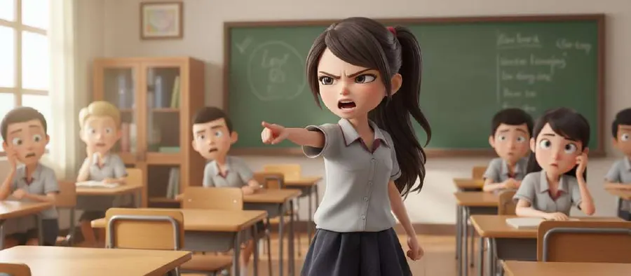 Una adolescente, de pie y enfadada, señala hacia el frente en un aula mientras sus compañeros la miran desde los pupitres