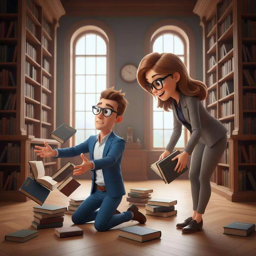Daniel, de rodillas en la biblioteca, recoge los libros que se le han caído mientras Elena se agacha a ayudarle