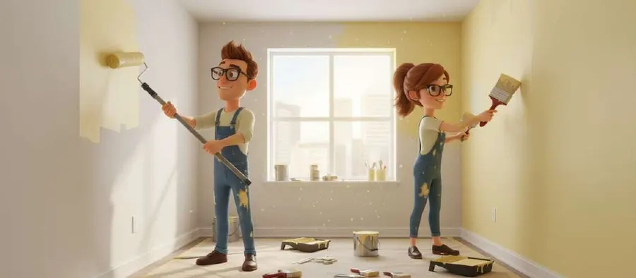 Daniel y Elena, en peto vaquero y con rodillo y brocha, pintan de amarillo las paredes de una habitación vacía