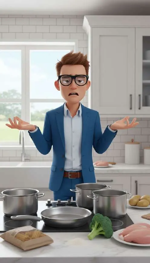 Daniel, de pie en la cocina con las manos abiertas y gesto de fastidio, delante de los cacharros sin recoger