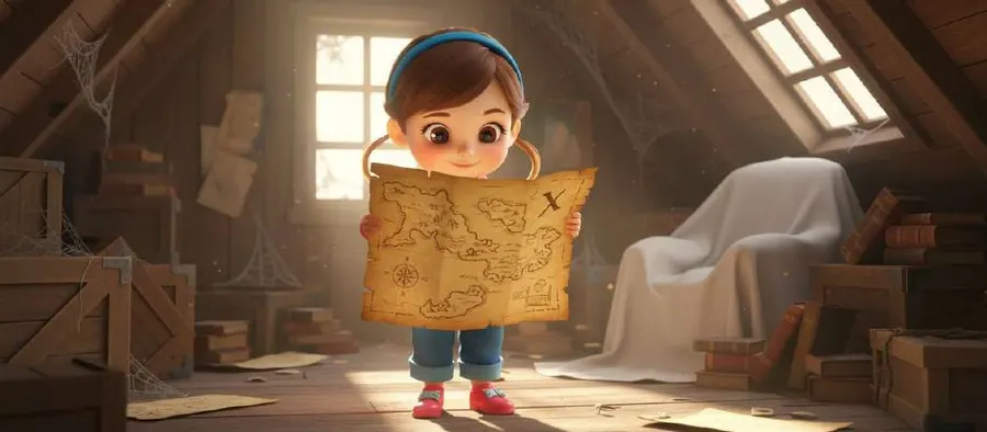 Un niño sostiene con las dos manos un mapa del tesoro amarillento en un desván iluminado por la ventana