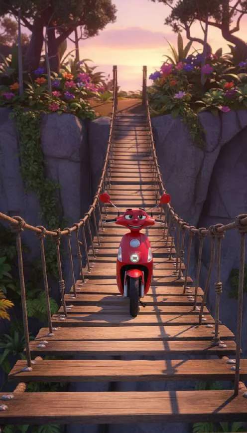 Una moto roja avanza sola por las tablas de un largo puente colgante entre dos acantilados, al atardecer