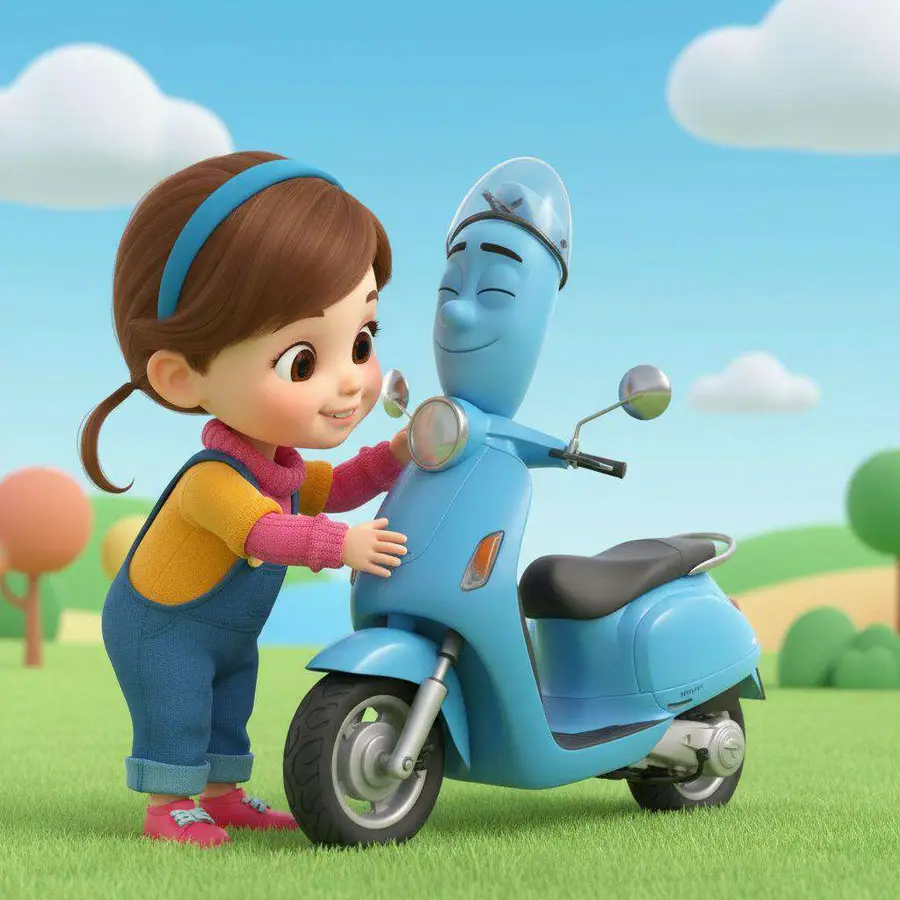 Una niña con peto vaquero acaricia el manillar de su moto azul, que sonríe con los ojos cerrados, en un prado