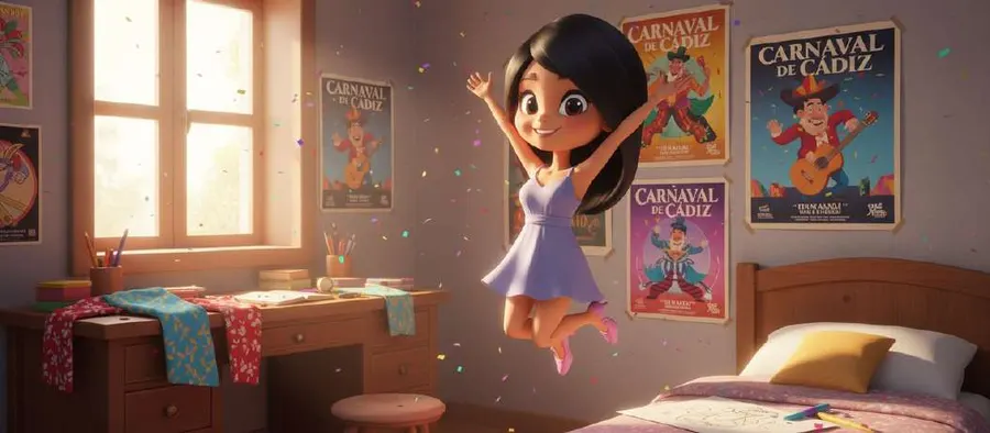 Una niña salta de alegría en su habitación entre carteles del Carnaval de Cádiz y telas de disfraz sobre el escritorio