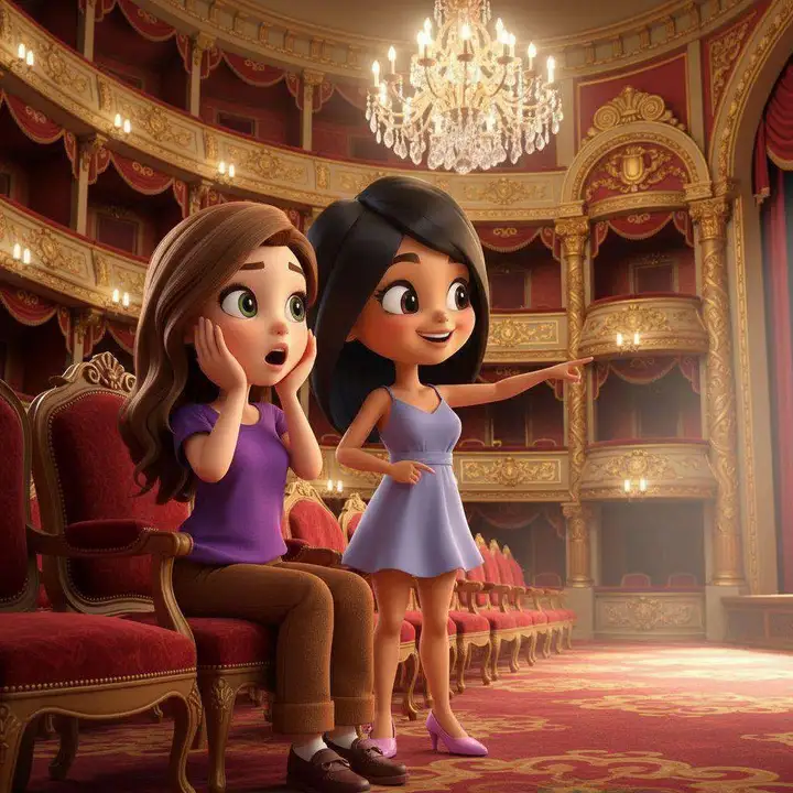 Dos niñas se asoman desde un palco del teatro, con la lámpara de araña encendida y las filas de butacas rojas al fondo
