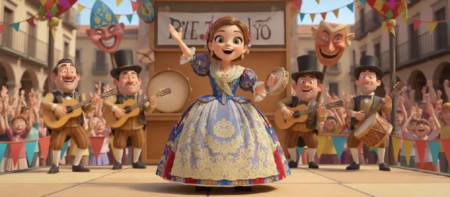 Una niña vestida de fallera canta en el centro de una plaza mientras el resto del grupo la acompaña con guitarras y bombo