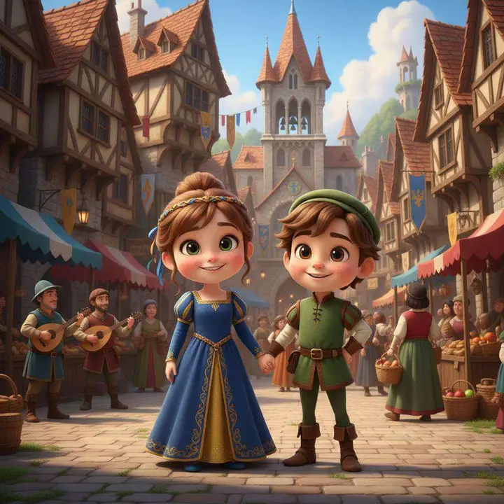 Dos niños vestidos de época medieval sonríen en una plaza con músicos, puestos de mercado y casas de entramado de madera