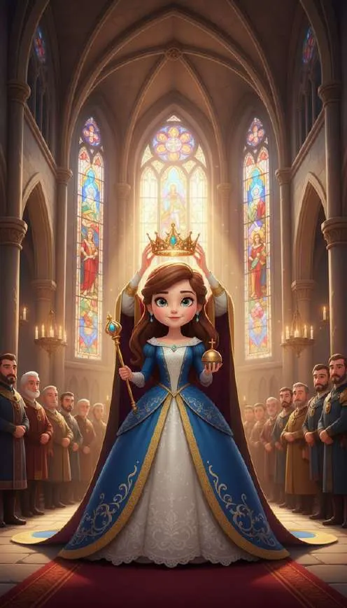 Isabel, con corona y cetro, avanza por la nave de una iglesia ante nobles y soldados