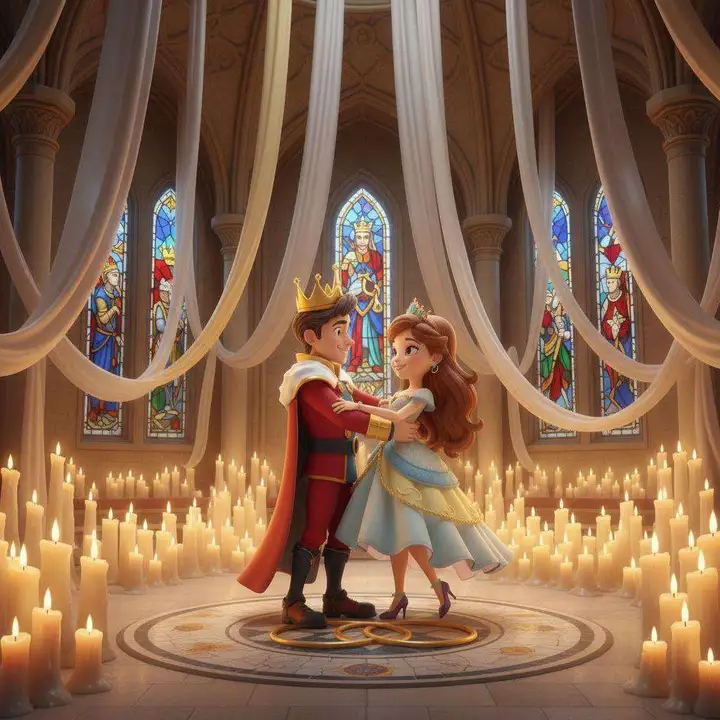 Fernando e Isabel bailan rodeados de cientos de velas bajo las vidrieras de un gran salón