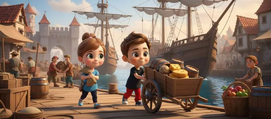 Dos niños empujan un carro de provisiones por el muelle, junto a una carabela amarrada en el puerto
