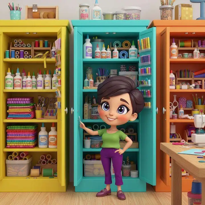 La maestra abre los armarios del aula de manualidades, llenos de telas, hilos, pinturas y rollos de cartón de colores