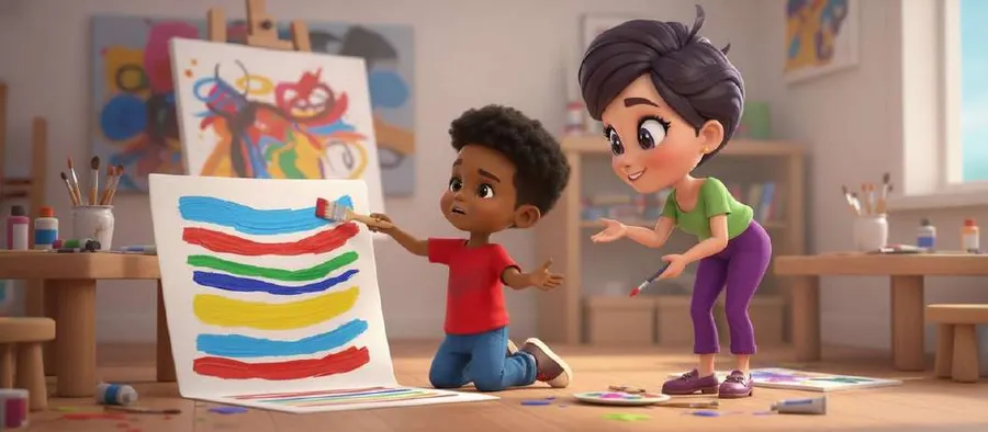 Un niño arrodillado sujeta un cartel pintado con franjas de colores mientras la maestra le indica dónde colocarlo