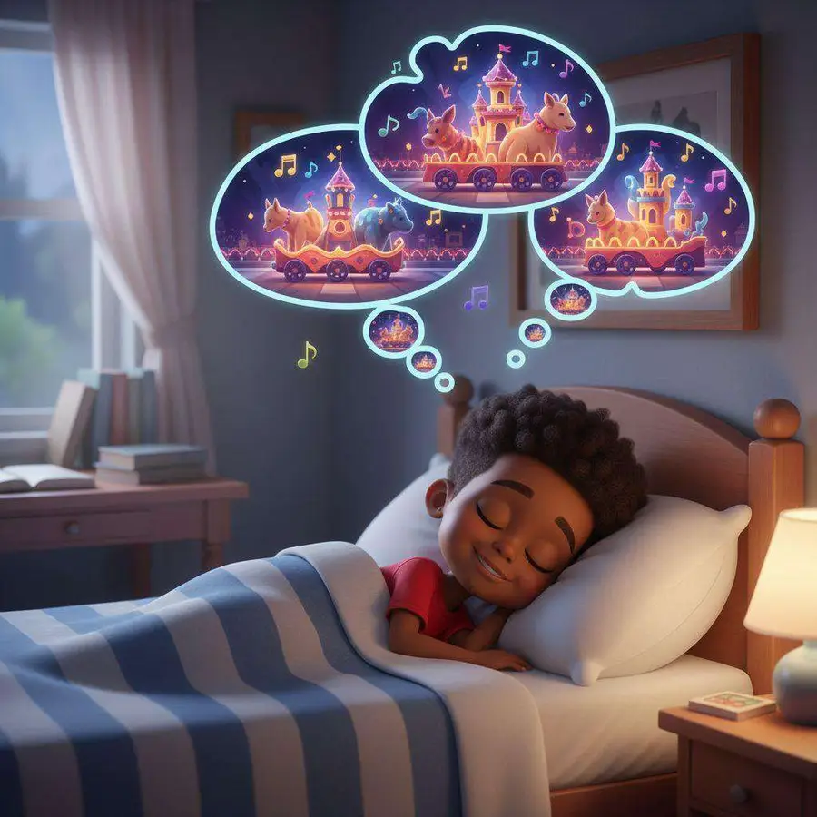 Un niño duerme en su cama y sobre él flotan tres nubes de sueño con carrozas iluminadas y notas musicales