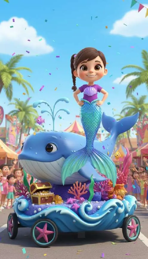 Una niña disfrazada de sirena saluda subida a una carroza con forma de ballena azul, rodeada de corales y un cofre del tesoro