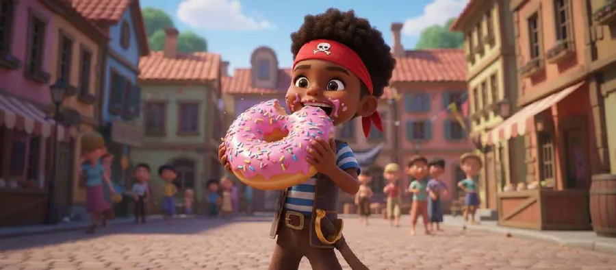 Un niño disfrazado de pirata muerde una rosquilla enorme en mitad de la plaza del pueblo, con vecinos celebrando al fondo