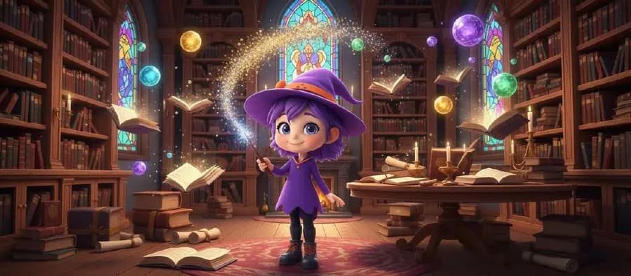 Una brujita de sombrero morado hace magia en una biblioteca antigua rodeada de libros abiertos y esferas de colores