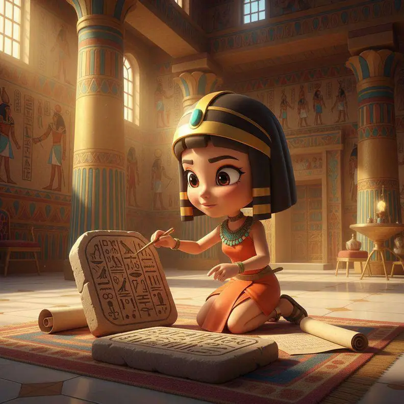 Una niña con tocado egipcio señala unas tablillas cubiertas de jeroglíficos, sentada sobre una alfombra en una sala del palacio