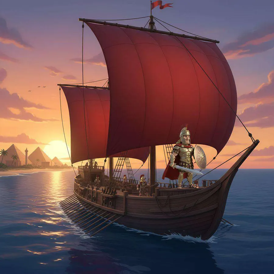 Un barco de velas rojas navega al atardecer hacia la costa de Egipto, con un general romano de pie en la cubierta
