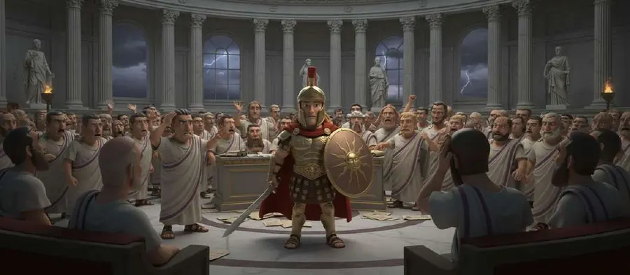 Un general con casco y escudo habla en el centro del senado romano, rodeado de senadores con togas blancas