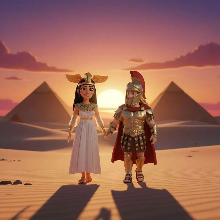 Cleopatra y Marco Antonio de la mano en el desierto, al atardecer, con dos pirámides y el sol detrás
