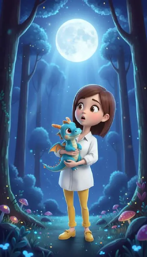 Una niña sostiene entre las manos un pequeño dragón azul de alas anaranjadas bajo la luna llena