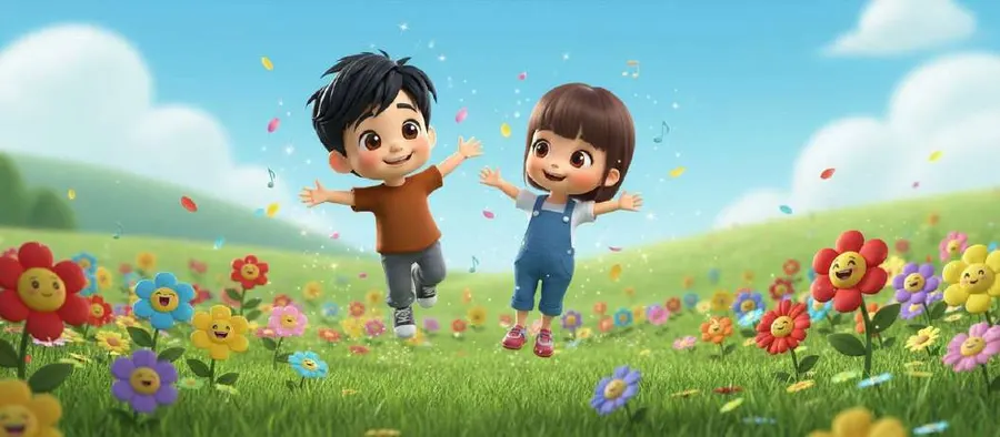 Dos niños corren con los brazos abiertos por un prado de flores gigantes de colores bajo un cielo despejado