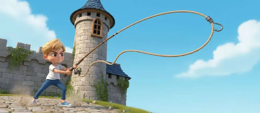 Un niño lanza una cuerda con gancho hacia la ventana más alta de una torre de piedra
