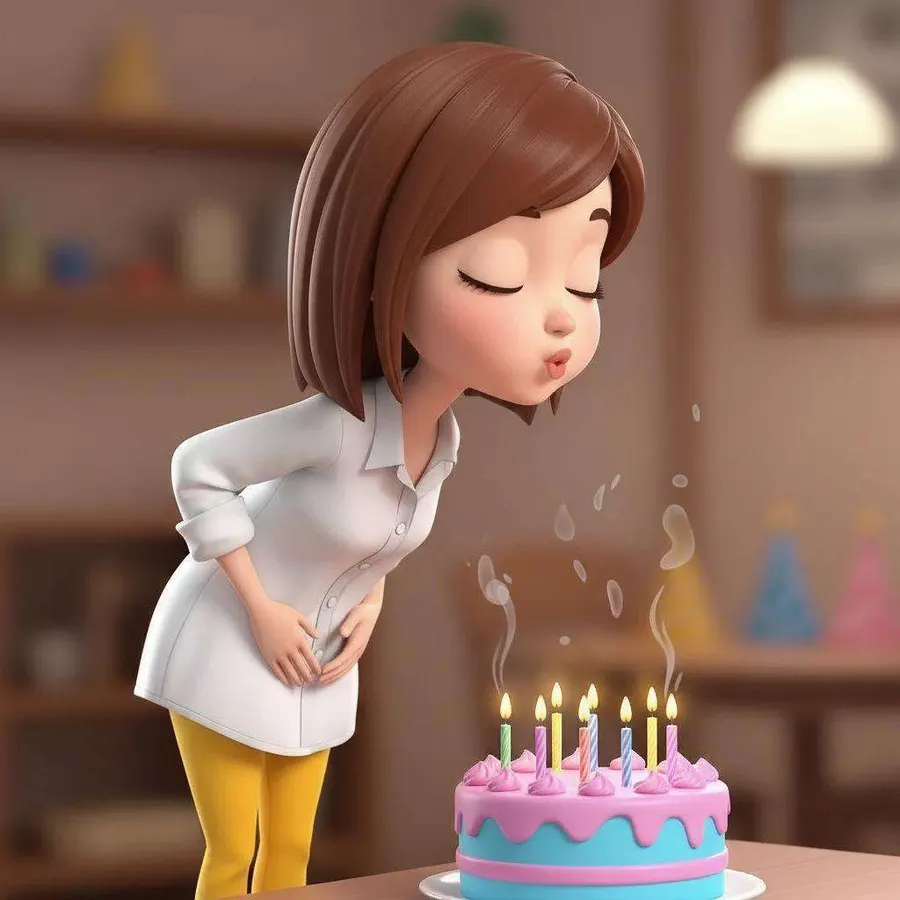 Una madre sopla las velas de una tarta de cumpleaños rodeada de la luz cálida del comedor