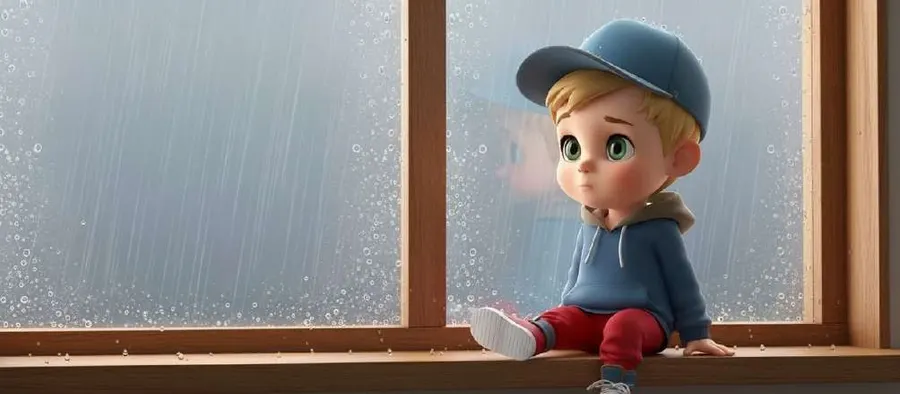 Dani, sentado en el alféizar de la ventana, mira la lluvia caer al otro lado del cristal