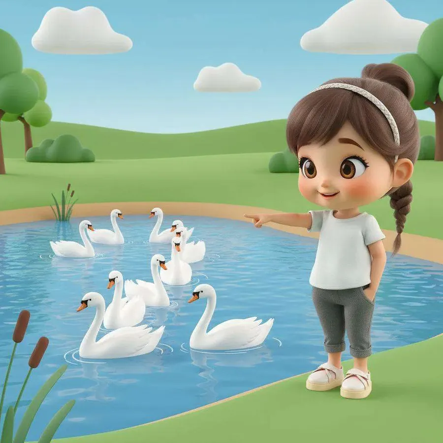 Sara señala un grupo de cisnes blancos que nadan en un estanque rodeado de hierba y juncos