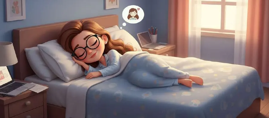 Una joven duerme profundamente vestida en su cama, con el ordenador y los papeles abandonados en la mesilla