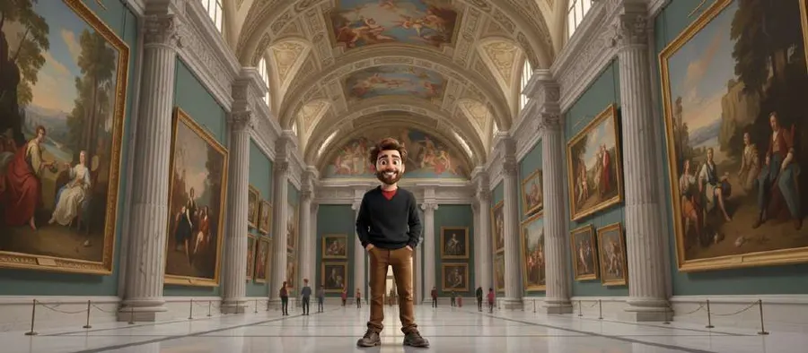 El profesor espera a los niños en una galería del museo con las paredes cubiertas de cuadros