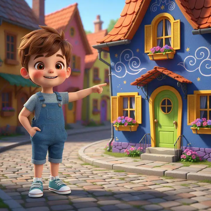 Tom, con peto vaquero, señala una casa azul de puertas verdes en una calle empedrada llena de casas de colores
