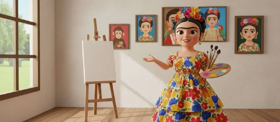 Frida Kahlo, con paleta y pinceles, señala sus autorretratos colgados junto a un lienzo en blanco