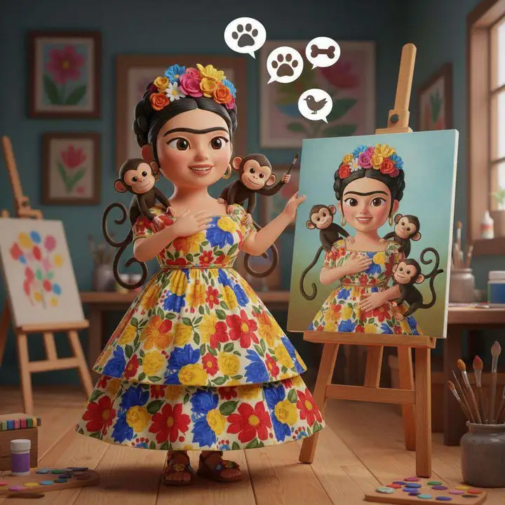 Frida Kahlo con dos monos en los hombros, junto al cuadro en el que se ha pintado con ellos
