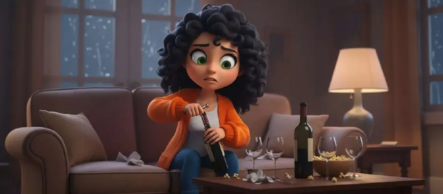 Una mujer llora hundida en el sofá de su salón a media luz, con una botella y una copa sobre la mesa