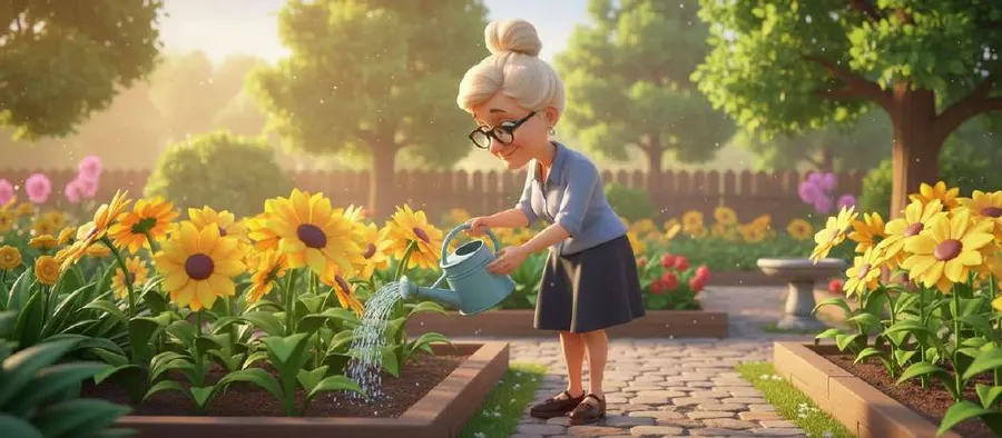 Carmen riega con una regadera azul un macizo de girasoles y flores en el jardín de casa, al amanecer