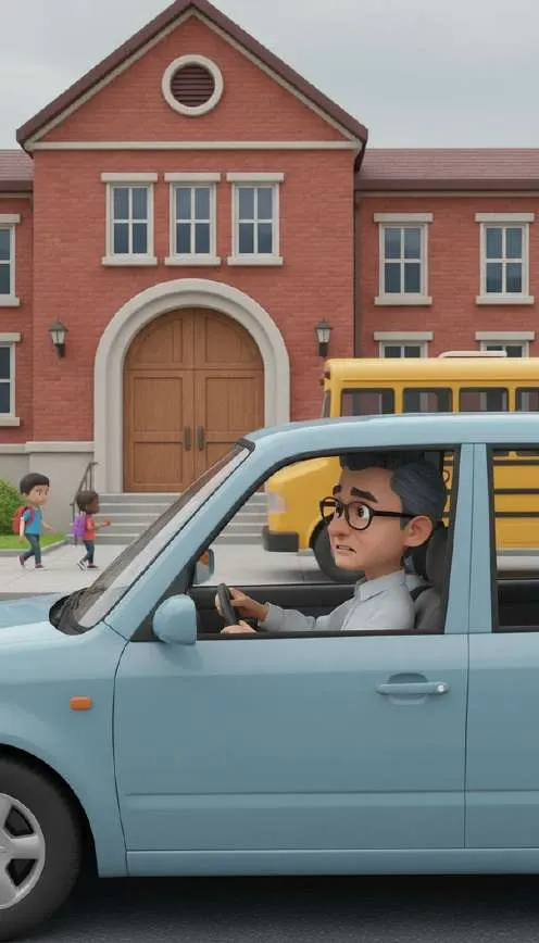 Javier espera sentado al volante de un coche azul claro aparcado frente a la puerta del colegio