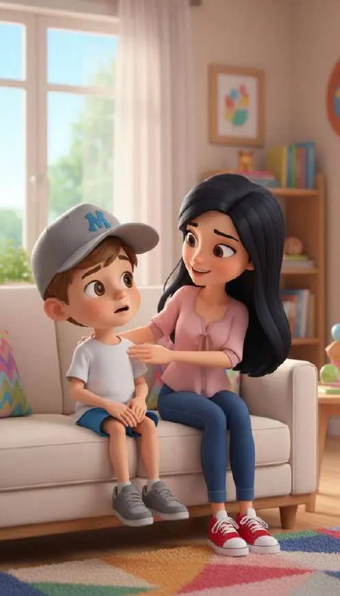 Lucas, sentado en el sofá con su gorra puesta, escucha preocupado a su madre, que le pasa la mano por la espalda