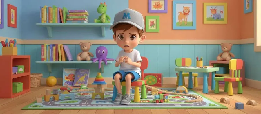 Lucas espera sentado en una sala de espera llena de juguetes, libros y peluches, con cara de preocupación