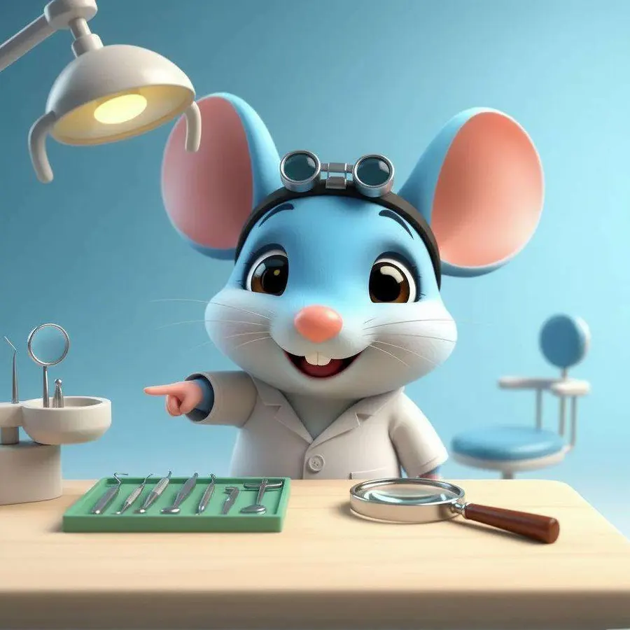 El Ratoncito Pérez, con bata y una lupa en la frente, señala una bandeja de instrumentos diminutos sobre una mesa