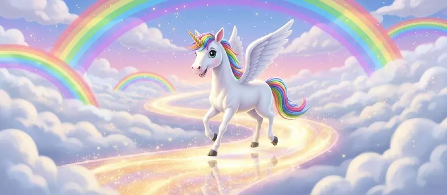 Un unicornio alado galopa por un sendero de luz entre nubes y arcoíris