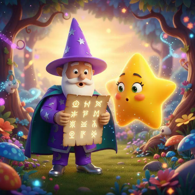 El mago sostiene una página antigua con símbolos brillantes junto a la estrella, en un bosque luminoso