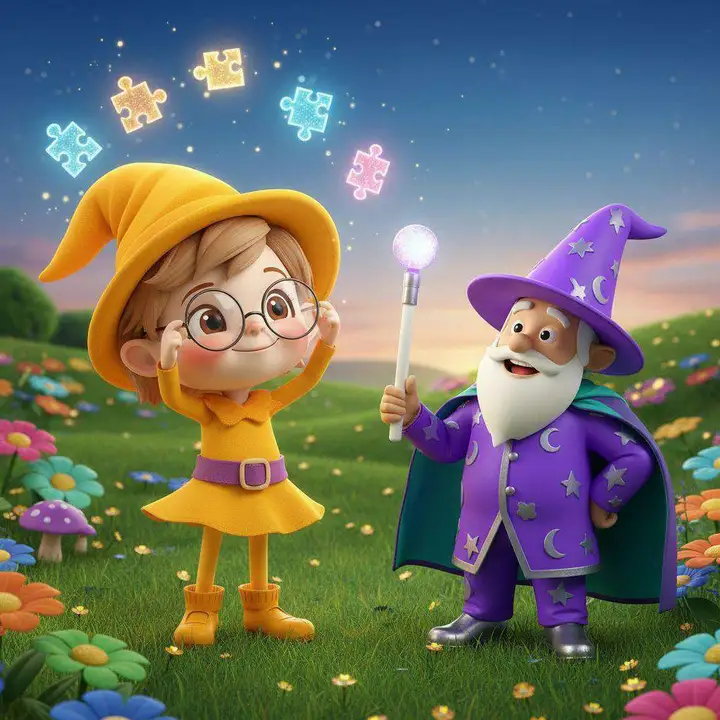 Una brujita con sombrero amarillo se ajusta las gafas junto al mago mientras flotan piezas de puzle luminosas