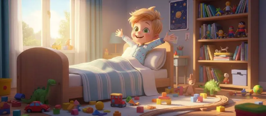 Un niño rubio se despierta en su cama estirando los brazos, con la habitación llena de juguetes por el suelo y el sol entrando por la ventana