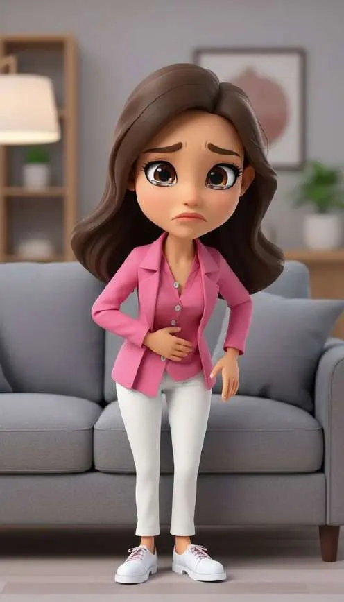 Una mujer con chaqueta rosa se lleva la mano al estómago, de pie junto al sofá del salón, con la mirada dolida