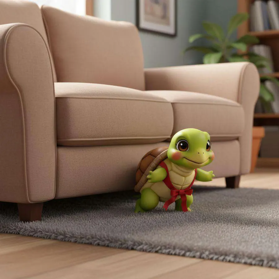 Una tortuga verde con un lazo rojo asoma caminando despacio por debajo de un sofá beige en el salón